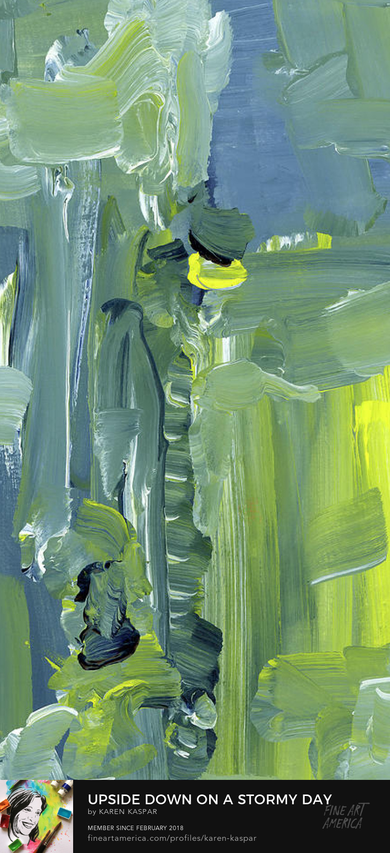 Upside down on a stormy day is an abstract acrylic painting in a unique vertical panorama format painted by artist Karen Kaspar. Bold brushstrokes in shades of yellow, blue and green form an imaginary cloudscape with stromclouds over a landscape with yellow canola or maybe sunflower fields and trees in the distance. The painting was painted very intuitively and spontaneous in a fresh and loose style.