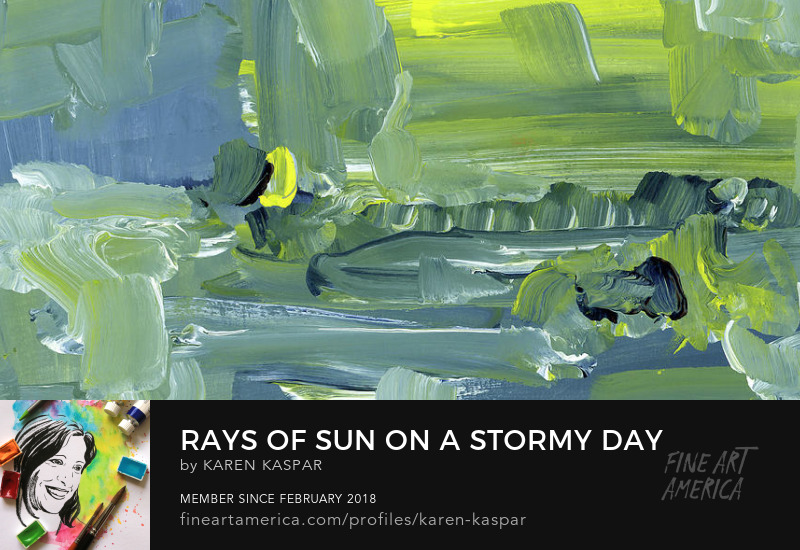 Rays of sun on a stormy day is an abstract acrylic painting in a unique horizontal panorama format painted by artist Karen Kaspar. Bold brushstrokes in shades of yellow, blue and green form an imaginary cloudscape with stromclouds over a landscape with yellow canola or maybe sunflower fields and trees in the distance. Bright rays of sun are breaking through the dark clouds, sending hope and peace. The painting was painted very intuitively and spontaneous in a fresh and loose style.