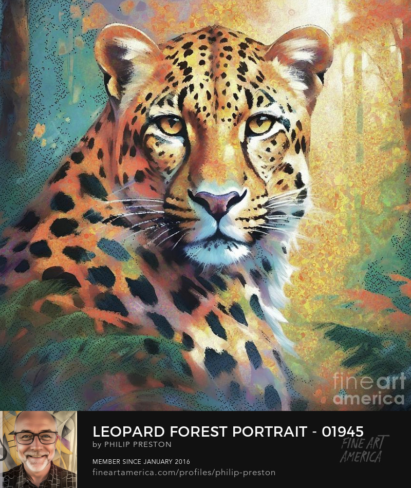 Leopard portrait in a forest environment, AI digital artwork by Philip Preston