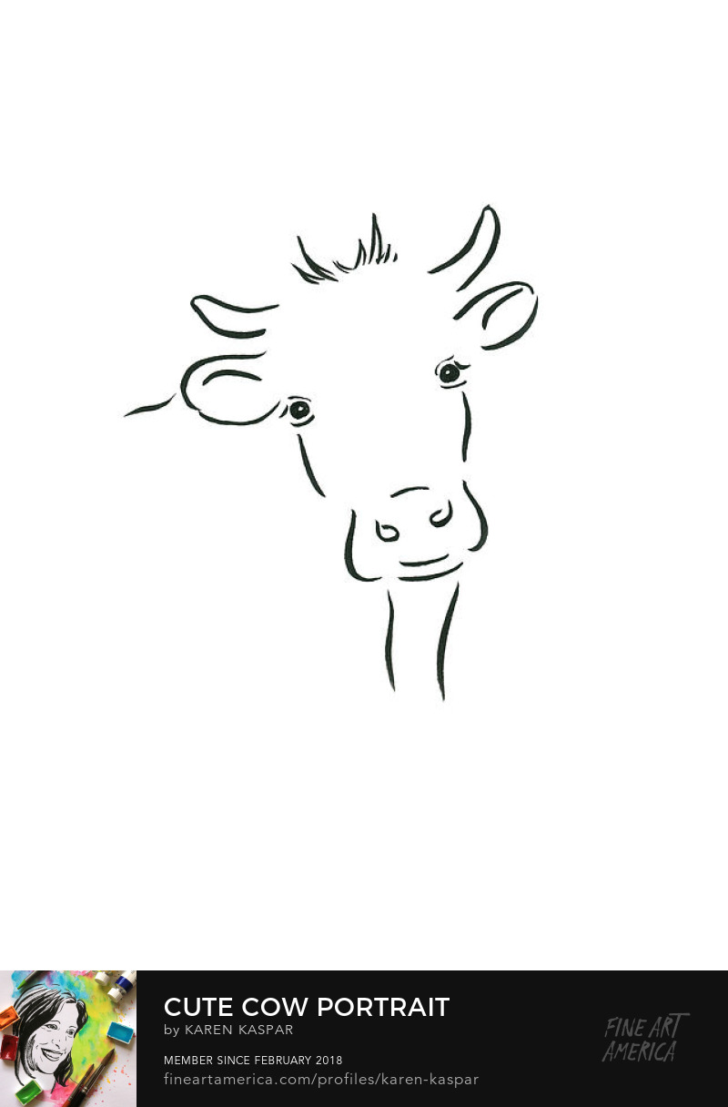 Wall Art Cute Cow Portrait is an ink drawing in portrait format drawn by the artist Karen Kaspar. The portrait of a cow on a white background is drawn with a few minimalist strokes of black ink. The cow has tilted its head and looks directly at the viewer and seems to smile at him in a friendly way.