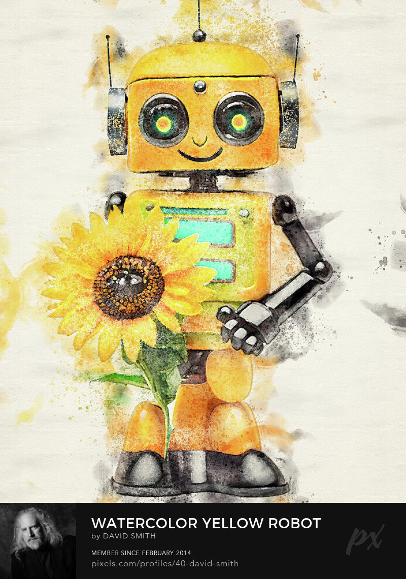 Yellow toy robot holding sunflower