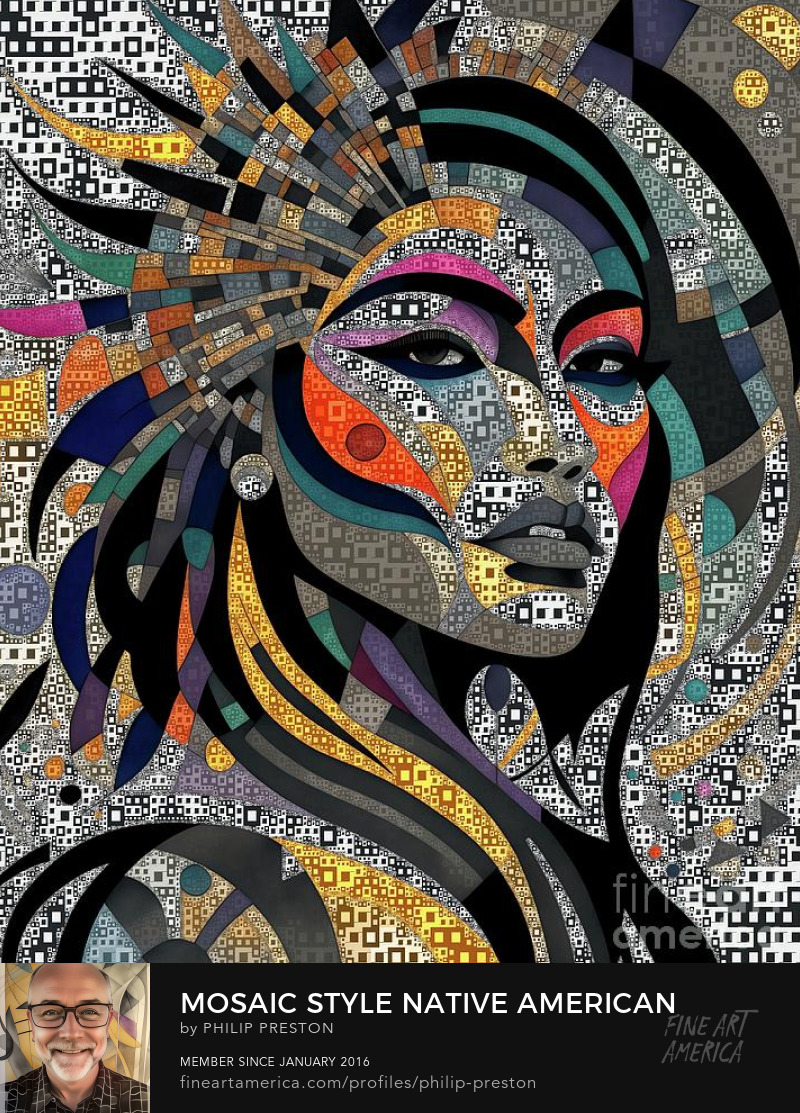 Mosaic style native American abstract portrait, AI digital artwork by Philip Preston
