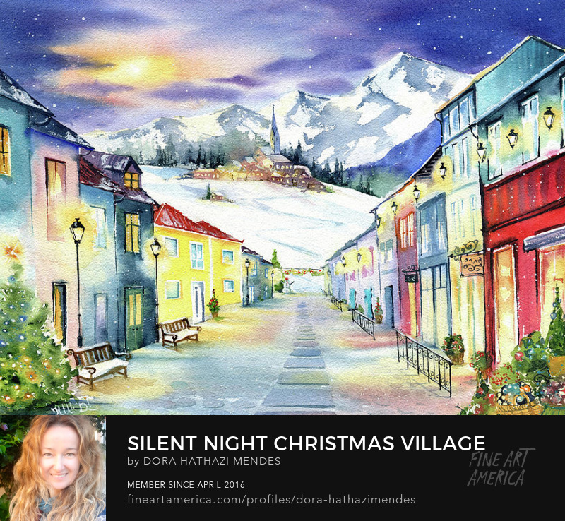 Silent Night Christmas village Painting original handmade watercolor by dora Hathazi Mendes Wall Art