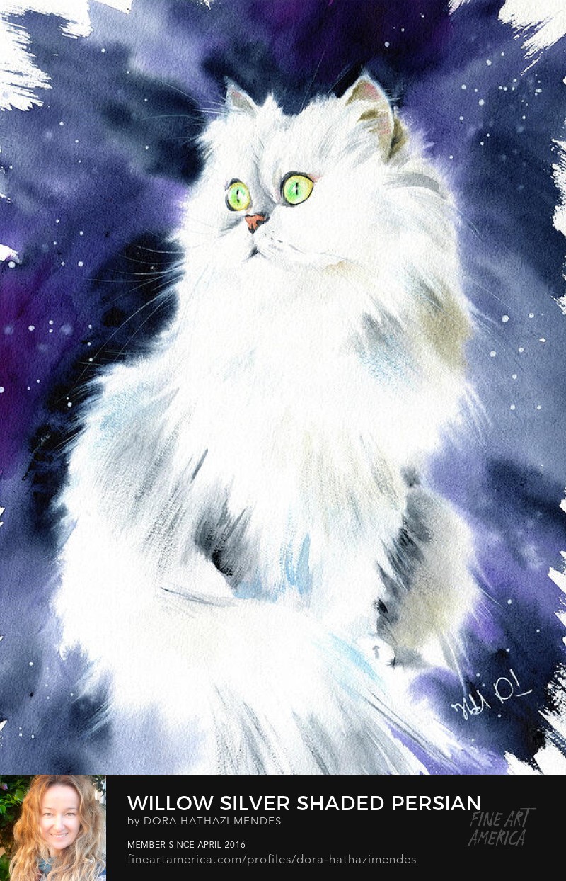 White Persian watercolor cat painting by Dora Hathazi Mendes Wall Art