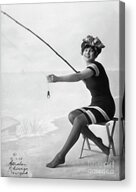 Woman On Beach With Frog On Fishing Pole by Bettmann