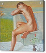 Original Classic Oil Painting Man Body Art  Male Nude And Vase #16-2-4-09 Acrylic Print