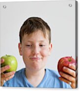 Boy Holding Red And Green Apple #1 Acrylic Print