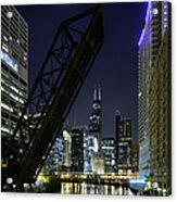 Kinzie Street Railroad Bridge At Night #1 Acrylic Print