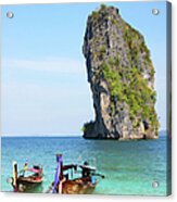 Longtail Boats And Limestone Outcrop At #1 Acrylic Print