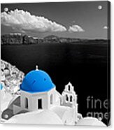 Oia Town On Santorini Island Greece Blue Dome Church Black And White. #1 Acrylic Print