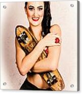 Vintage Portrait Of A Pin-up Model With Skateboard #1 Acrylic Print