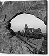 Wide Angle Of Turret Arch Through The North Window In Black And White Acrylic Print