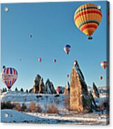 Hot Air Balloons Over Snow Covered Rock #3 Acrylic Print