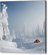 A Bright Orange Tent Among Snow Covered Acrylic Print