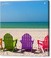 Adirondack Beach Chairs For A Summer Vacation In The Shell Sand Acrylic Print