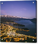 Aerial View Of Queenstown Cityscape At Night, New Zealand Acrylic Print