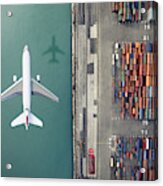 Airplane Flying Over Container Port Acrylic Print