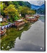 Asian Pleasure Boats Wait On The River Hozu In Japan Acrylic Print