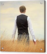 Back Of Man Standing In Tall Grass Acrylic Print