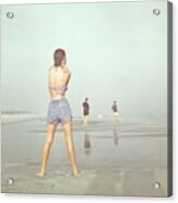 Back View Of Three People At A Beach Acrylic Print