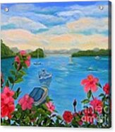 Bermuda Hibiscus - Bermuda Seascape With Boats And Hibiscus Acrylic Print