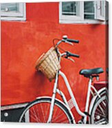 Bicycle Leaning On Red Wall Acrylic Print