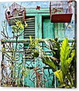 Blue Balcony Red Bird Cages Acrylic Print