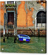Blue Boat Tied To A Piling. Acrylic Print