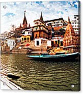 Boats In The Ganges River, Varanasi Acrylic Print