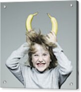 Boy (6-7) Holding Two Banana On Head, Smiling, Close-up Acrylic Print