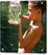 Boy Holding Jar Of Pond Water Acrylic Print