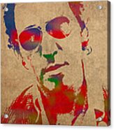 Bruce Springsteen Watercolor Portrait On Worn Distressed Canvas Acrylic Print