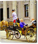 Carriage Ride On Cobblestones Rue Notre Dame Tan Horse Golden Caleche Old Port Quebec Scene Cspandau Acrylic Print