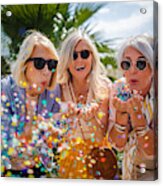 Cheerful Senior Women Celebrating By Blowing Confetti In The City Acrylic Print