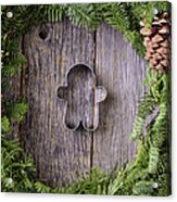 Christmas Wreath With Gingerman Cookie In The Middle Of Wood Bac Acrylic Print