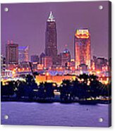 Cleveland Skyline At Night Evening Panorama Acrylic Print