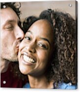 Close-up Of Man Kissing Cheerful Woman On Cheek Acrylic Print