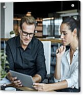 Colleagues Using Tablet Pc In Textile Factory Acrylic Print