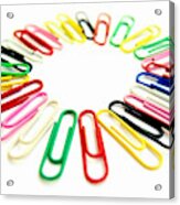 Colorful Office Clips Arranged In A Circle In A White Background Acrylic Print