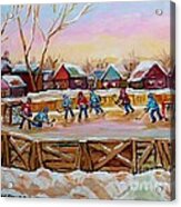Country Scene Painting Outdoor Hockey Rink Canadian Landscape Winter Art Carole Spandau Acrylic Print
