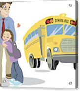 Dad And Child Waiting For The Schoolbus Acrylic Print
