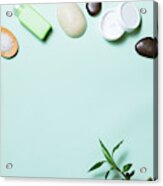 Flat Lay Of Spa Cosmetic With Bamboo, Salt For Bath, Cream And Towel On Pastel Background, Top View Mock-up Acrylic Print