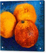 Food Still Life - Three Oranges On Blue - Digital Painting Acrylic Print