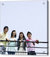Four Young People Leaning On The Railing, Side By Side, Low Angle View, Blue Background, Copy Space, Japan Acrylic Print