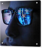 Genetic Research, Computer Screen Reflection In Spectacles Of Dna Profile, Close Up Of Face Acrylic Print