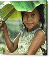 Girl With Banana Leaf Umbrella Acrylic Print
