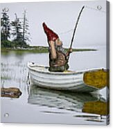 Gnome Fisherman In A White Maine Boat On A Foggy Morning Acrylic Print