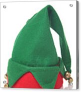 Green And Red Elf Hat With Bells With A White Background Acrylic Print