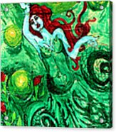 Green Mermaid With Red Hair And Roses Acrylic Print