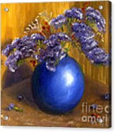Hand Painted Still Life Blue Vase Purple Flowers Acrylic Print